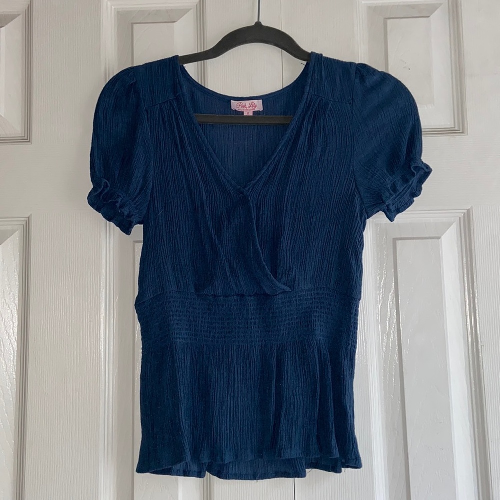 Pink Lily Navy Ruffle Top